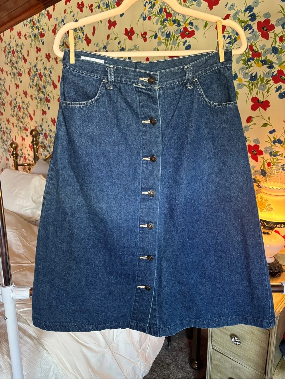 vintage 90s dark wash denim button front midi skirt fits s/m western boho euc